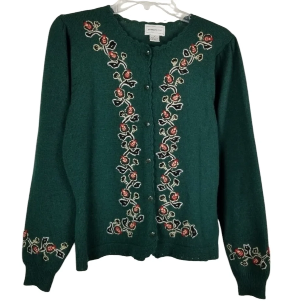 Vintage Womens Wool Cardigan Sweater Size Medium Office Siren Green Embroidered